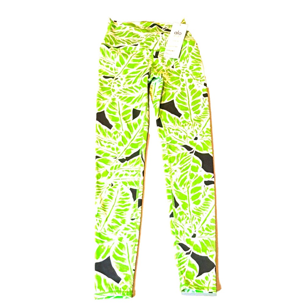 Alo Yoga Women's XS Ankle Leggings Green White Black Leaf Tropical Logo